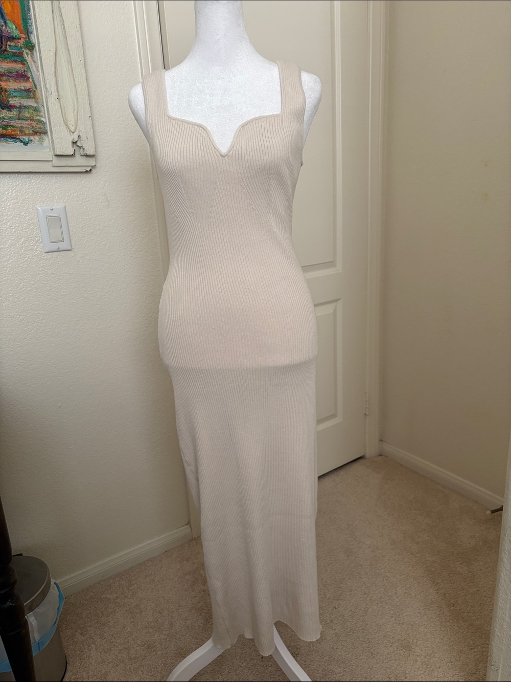 H&M Cream Ribbed Maxi Dress with Notch Detail